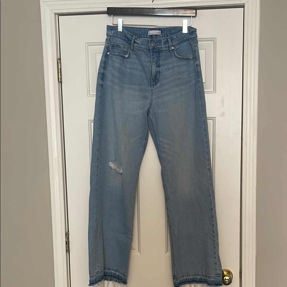 LOFT Blue Straight Leg Jeans with Distressed Details
